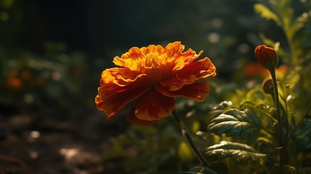 Una flor en la oscuridad con el sol brillando sobre ella.