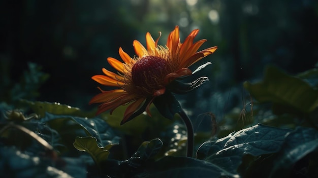 Una flor en la oscuridad con el sol brillando sobre ella