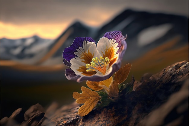 Una flor en un paisaje rocoso con una montaña al fondo.