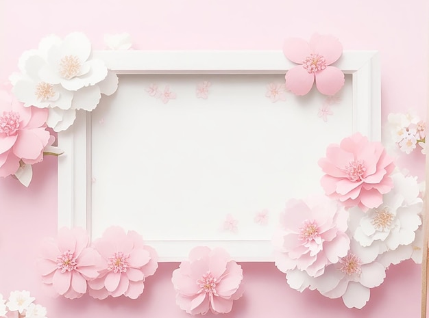 Flor de papel en delicados colores pastel sobre un fondo blanco Sakura Frame con flores rosas blancas