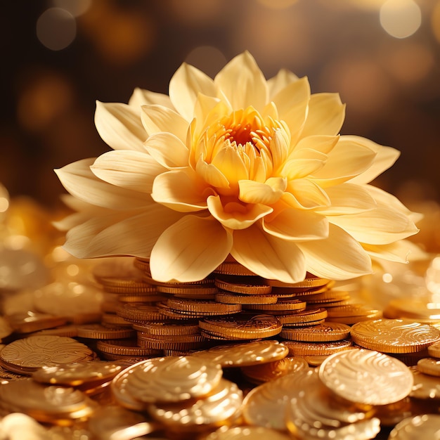 Foto una flor en la parte superior de una pila de monedas