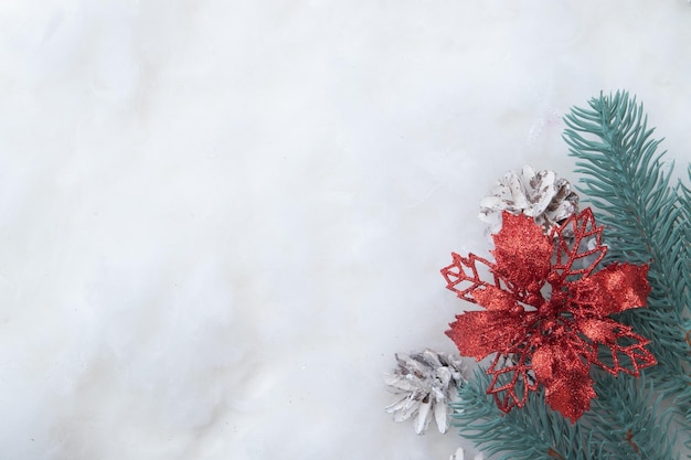 Flor de pascua roja en brillo y conos blancos sobre fondo de Navidad de nieve decorativa con espacio de copia