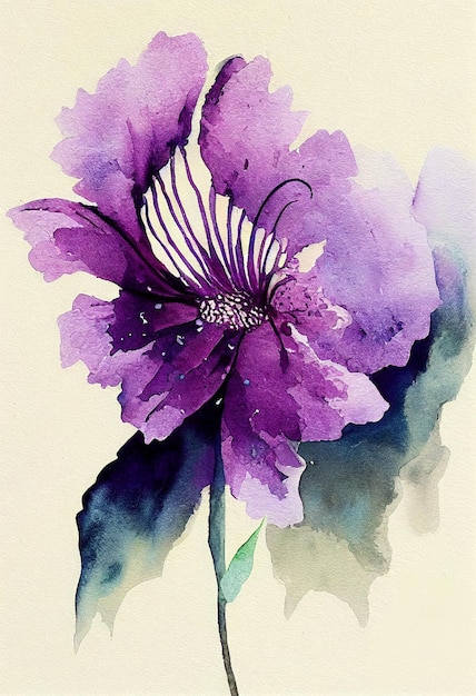 Flor Peônia em Aquarela Pintura Artística Cor Roxo Impressão Arte Decoração de Parede