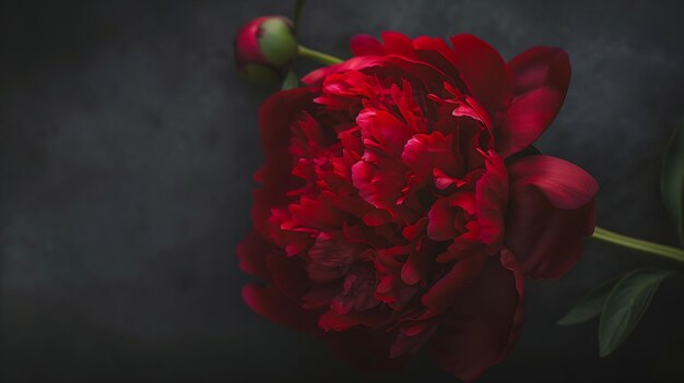 Flor de peonía roja en primer plano con enfoque selectivo y fondo oscuro borroso