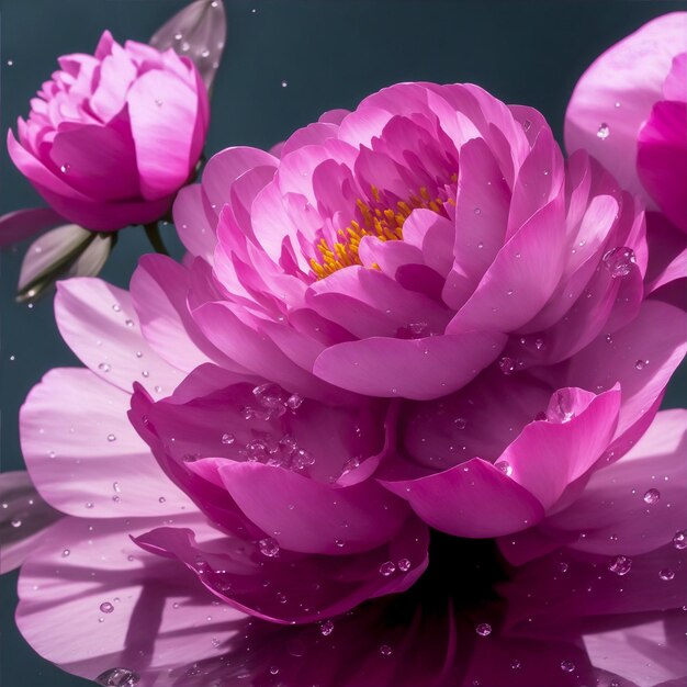 Flor de peonía rosa con gotas de agua sobre una superficie reflectante Primer plano