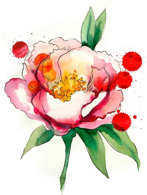 Flor de peonía con salpicaduras Pintura de acuarela dibujada a mano