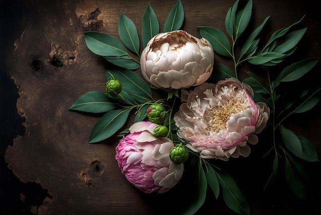 flor de peonías sobre fondo de madera, ai generativo