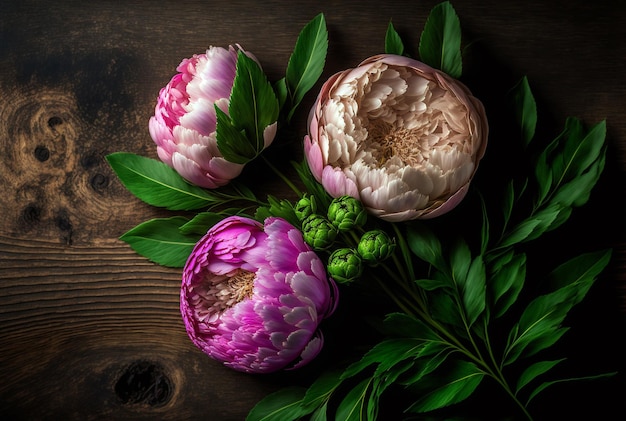 flor de peonías sobre fondo de madera, ai generativo