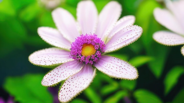 Una flor con pétalos morados y centro amarillo.