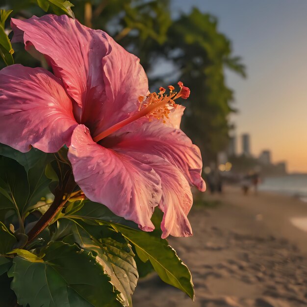 una flor en una playa con la ciudad en el fondo