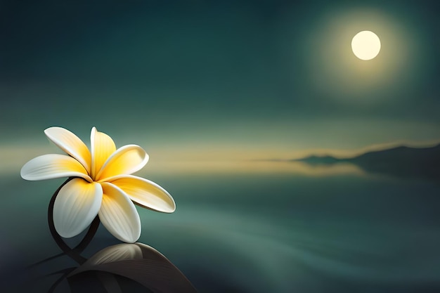 una flor en una playa con la luna en el fondo.