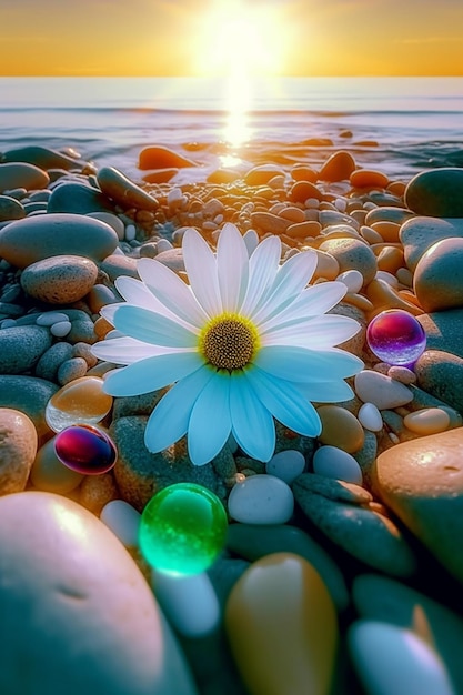 Una flor en una playa con el sol poniéndose detrás