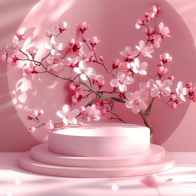Flor de primavera 3D Podium en rosa con fondo floral