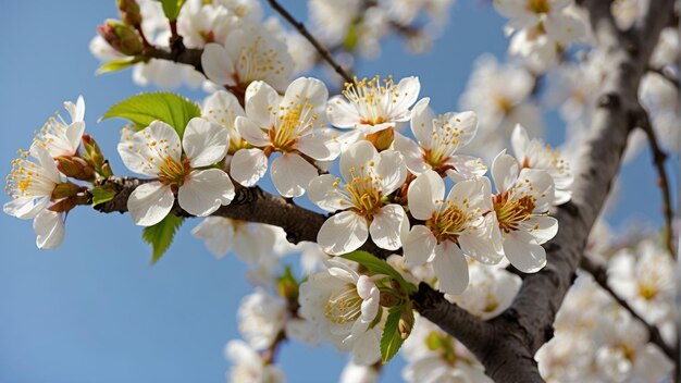 La flor de la primavera de cerca con el fondo del cielo azul