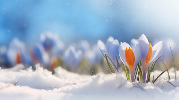 La flor de primavera del crocus púrpura crece en la nieve