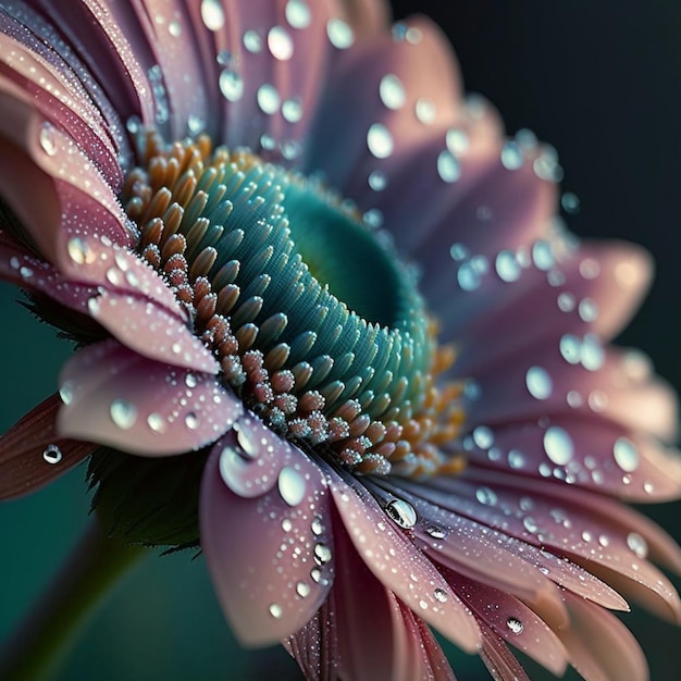 Una flor de primer plano en flor con gotas de rocío en los pétalos