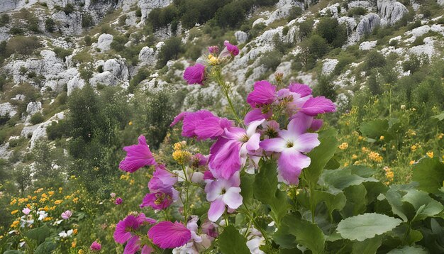 Foto una flor púrpura y blanca está creciendo en una montaña