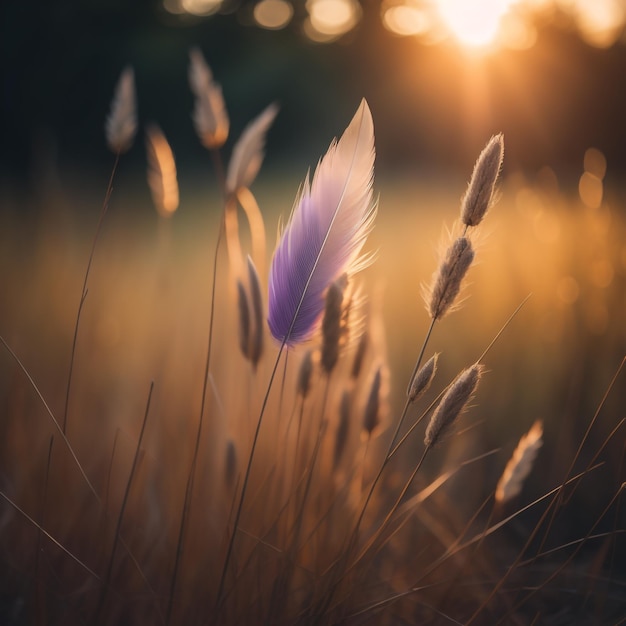 Una flor púrpura en un campo con el sol poniéndose detrás de ella.