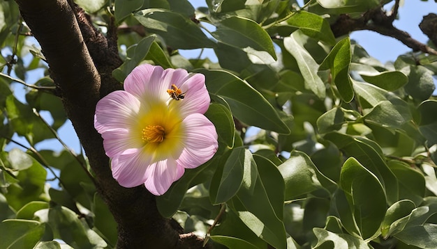 Foto una flor púrpura con un centro amarillo y una abeja en ella