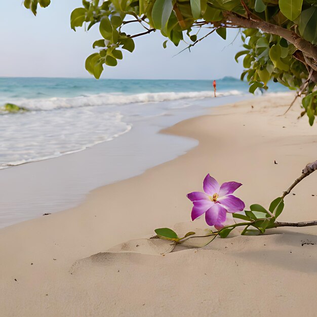 una flor púrpura está en la playa cerca del océano