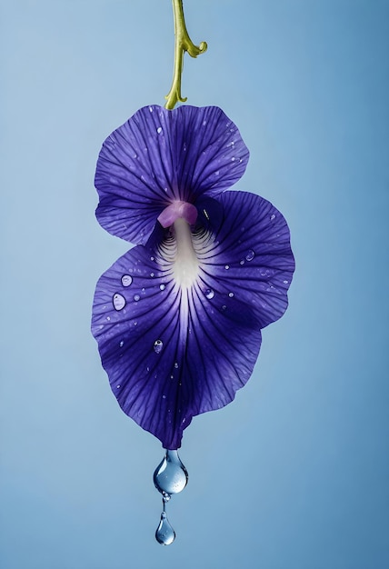 una flor púrpura con gotas de agua colgando de ella