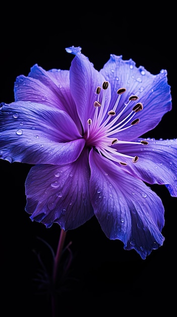 una flor púrpura con gotas de agua en ella