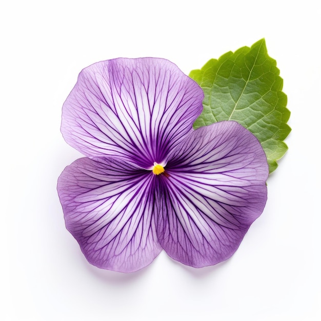 Flor púrpura con hoja sobre un fondo blanco