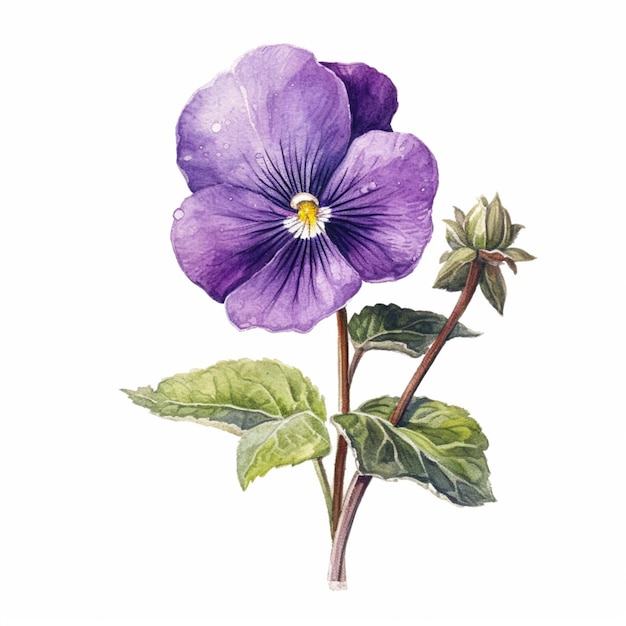 Foto flor púrpura con hojas verdes en un fondo blanco generativo ai