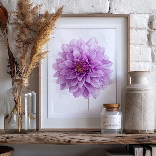 Foto una flor púrpura está en un marco en una mesa