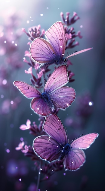 una flor púrpura con mariposas púrpuras en ella