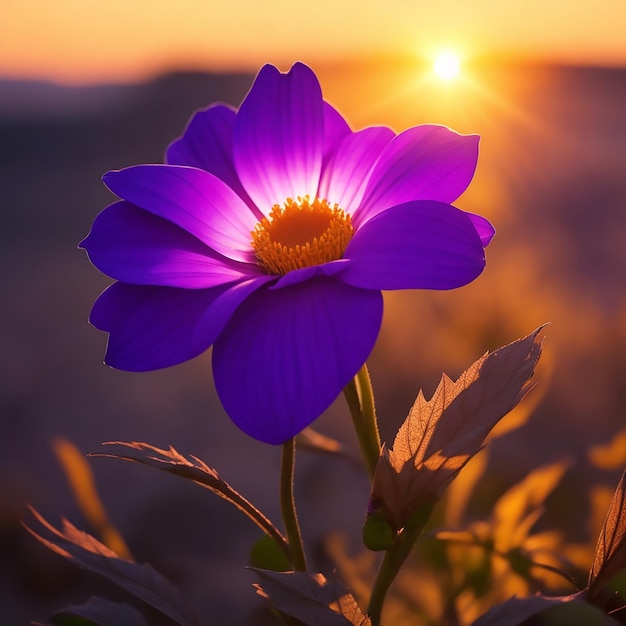 Una flor púrpura con el sol detrás de ella