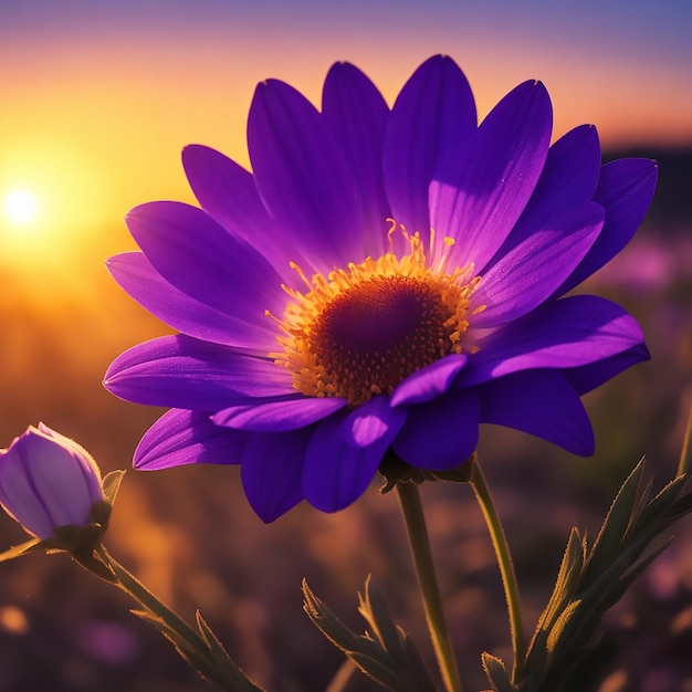 Una flor púrpura con el sol detrás de ella