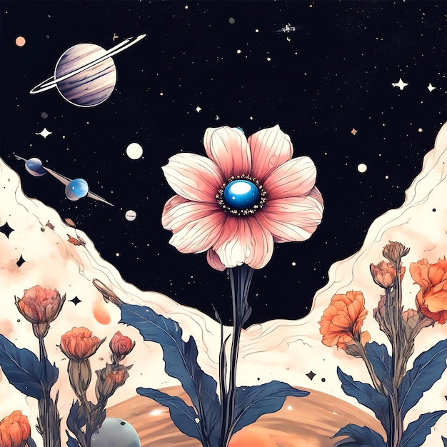 Una flor que crece en el espacio exterior con planetas, galaxias y naves espaciales detrás. Espacio negativo