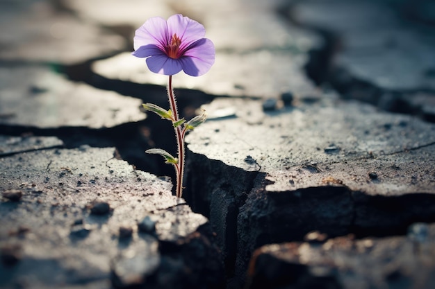 Una flor que crece en una grieta en el asfalto abandonado