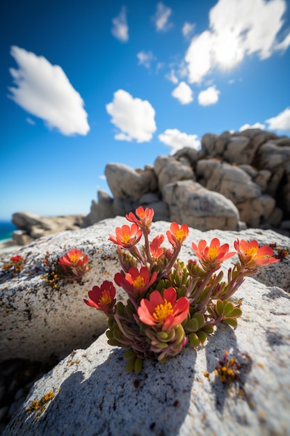 Una flor que crece en una roca en primer plano con un cielo azul y nubes en el fondo.