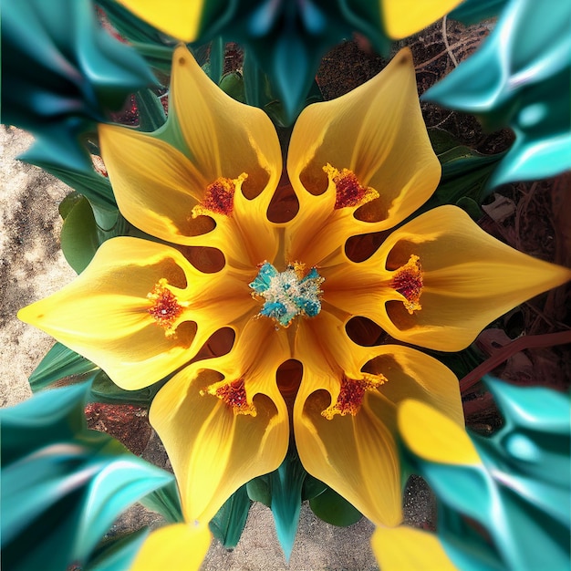 Una flor que es amarilla y azul con un centro rojo.
