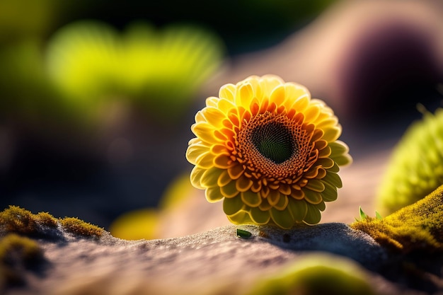 Una flor que es amarilla con un centro verde.