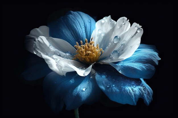 una flor que es azul y blanca y tiene gotas de agua