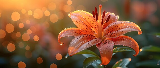 una flor que está sentada en la hierba con gotas de agua