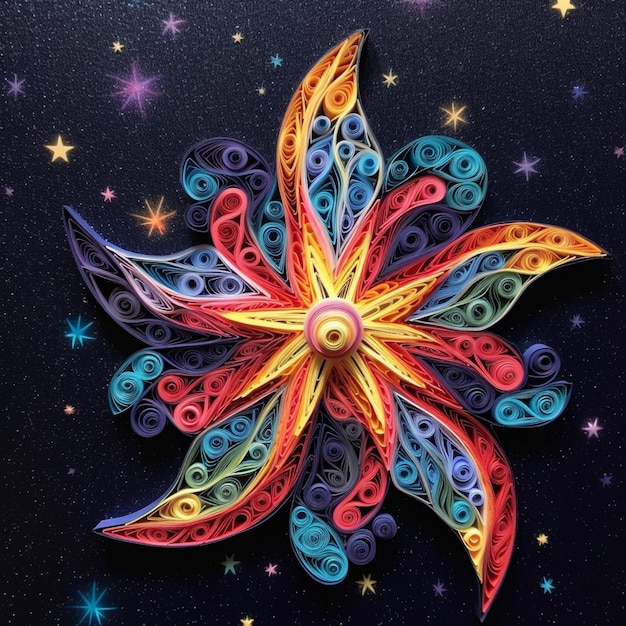 flor quilled de papel brilhantemente colorido com estrelas no fundo generative ai