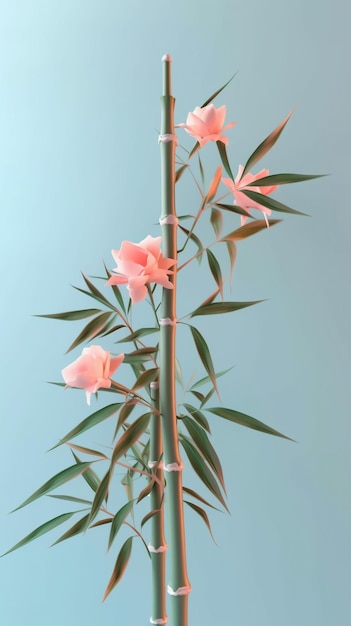 Una flor en una rama de bambú con flores rosadas.