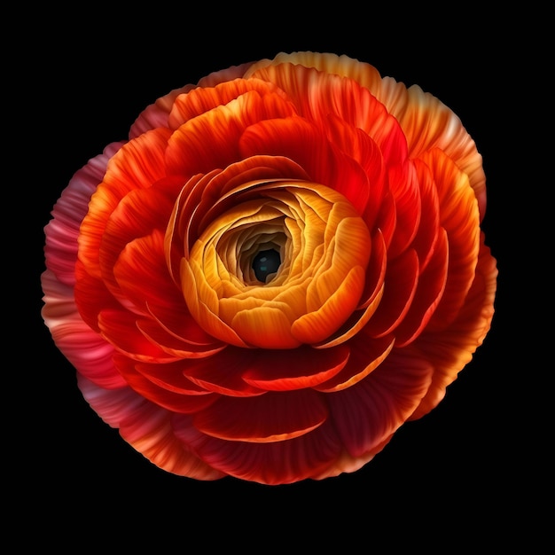 Flor de un ranúnculo naranja aislado sobre fondo negro 3D Render