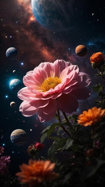 una flor real que crece en el espacio exterior con planetas galaxia
