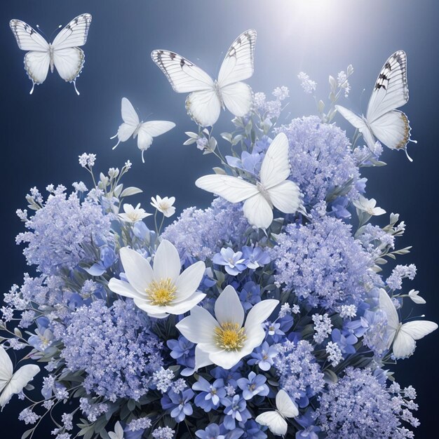 Flor realista sem costura borboleta padrão abstrato floral fundo aleatório azul branco