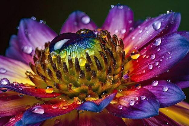 Flor de rocío exótica y abeja en un jardín sereno