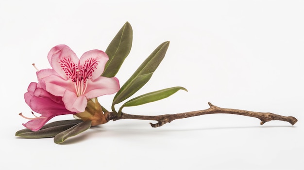 Foto flor de rododendro rosa en una rama con hojas verdes aisladas contra un fondo blanco