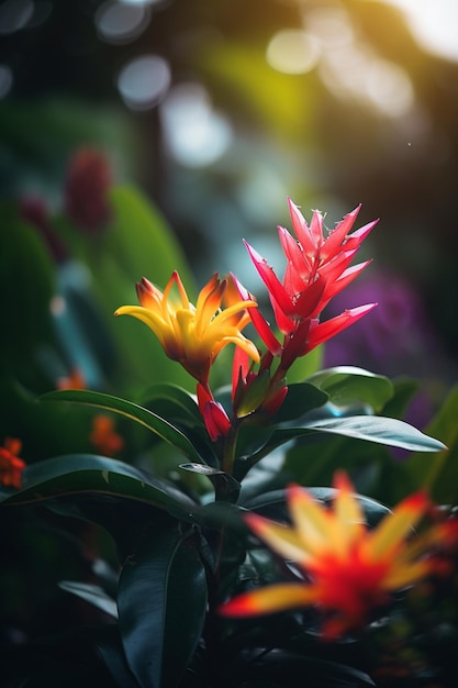 Una flor roja y amarilla en un jardín.