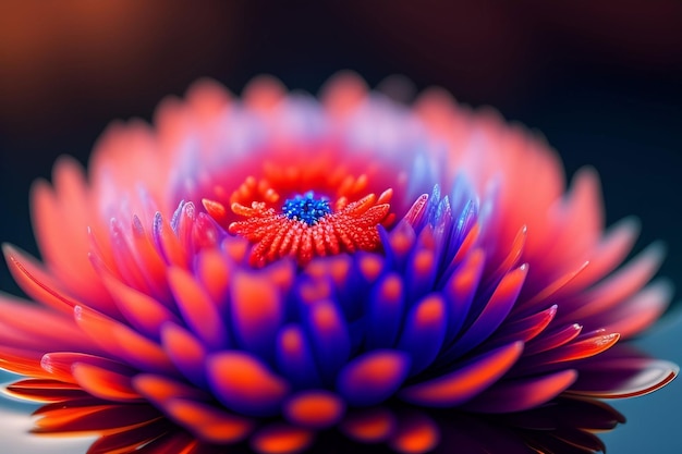 Una flor roja y azul con un centro azul.