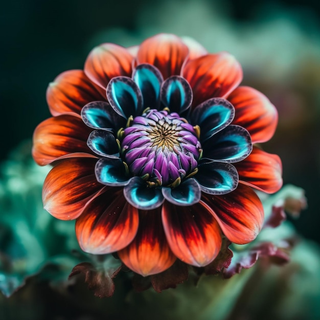 Una flor roja y azul con un centro morado.