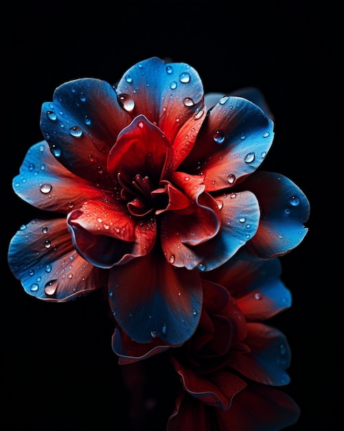 una flor roja y azul con gotas de agua